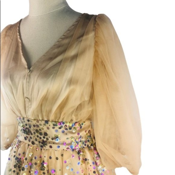 Beige Mini Dress Custom Made Puff Sleeve - NEW - Picture 5 of 9